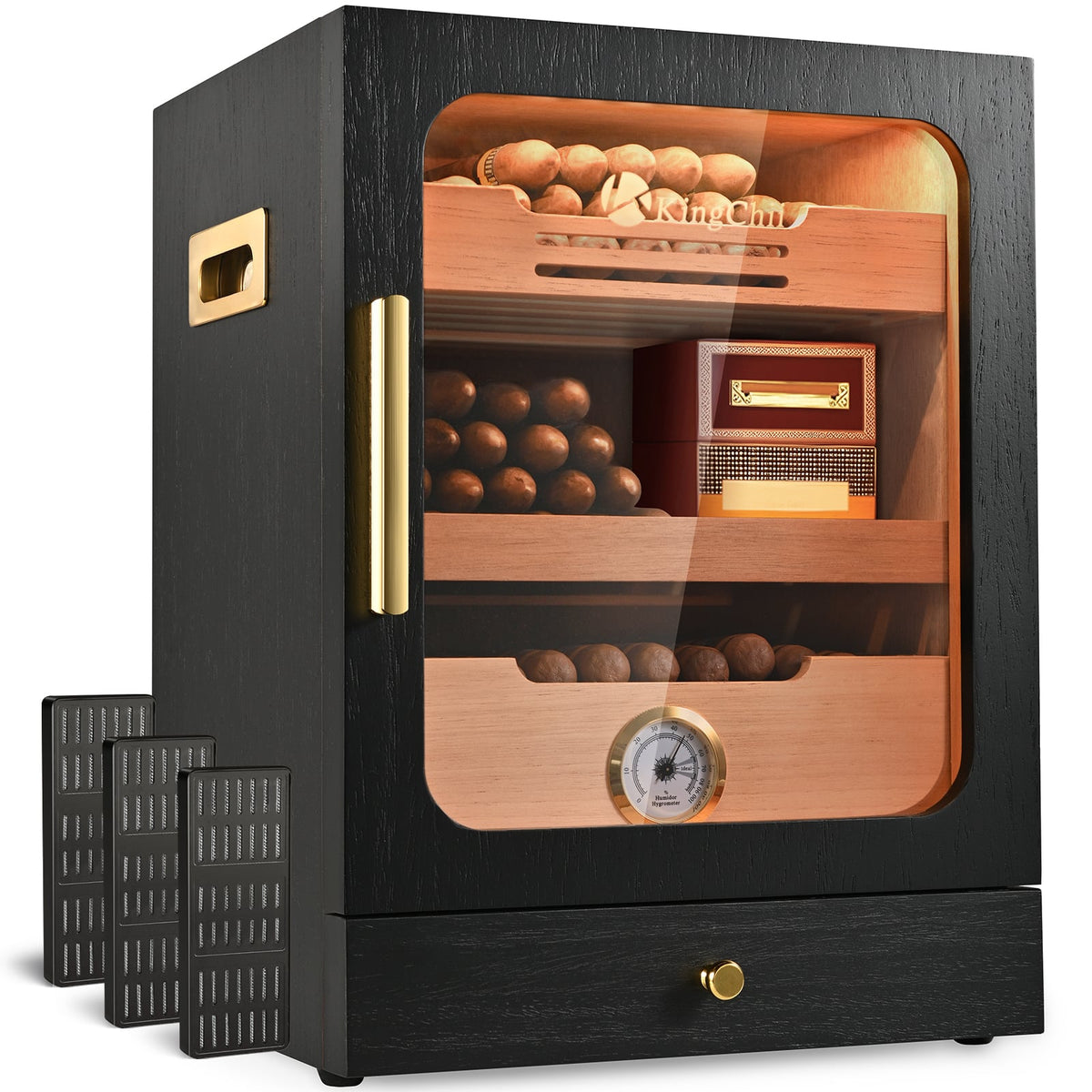 KingChii - 20L Cigar Humidor Cabinet, 100-Cigar Spanish Cedar Storage Box with 3 Humidifiers & 3-Color LED - Black