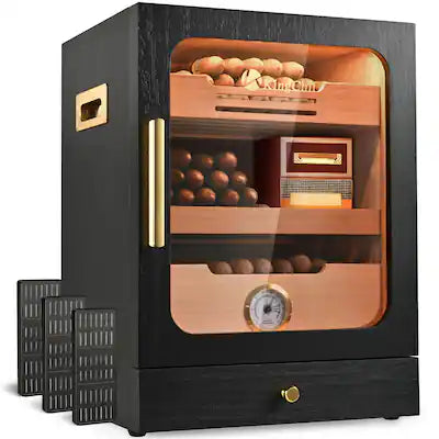 KingChii - 20L Cigar Humidor Cabinet, 100-Cigar Spanish Cedar Storage Box with 3 Humidifiers & 3-Color LED