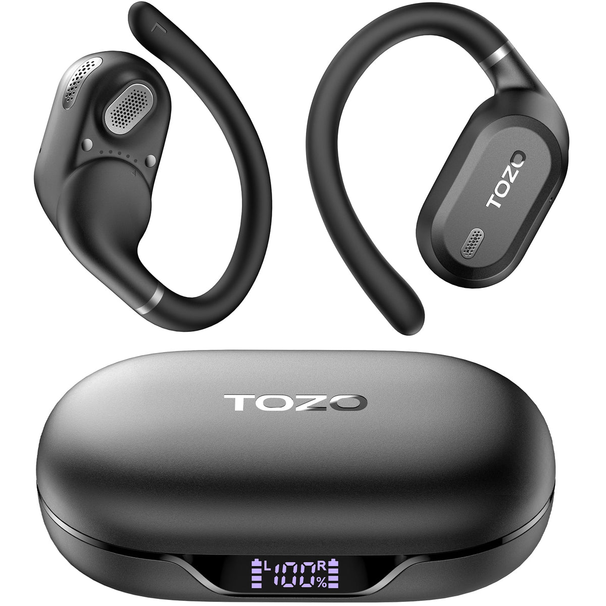 TOZO - AI Translation Open Ear Earbuds - 164 Languages, Adjustable Ear Hooks, Bluetooth Headphones, Comfort for Running, Office - Black