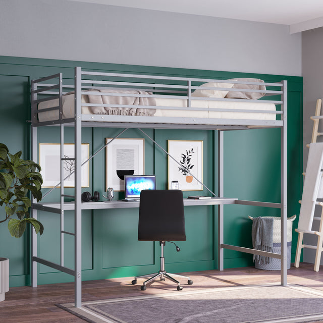 Front. Emma + Oliver - Jensen Metal Loft Bed Frame with Desk, Protective Guard Rails and Ladder for Kids, Teens and Adults - Gray.