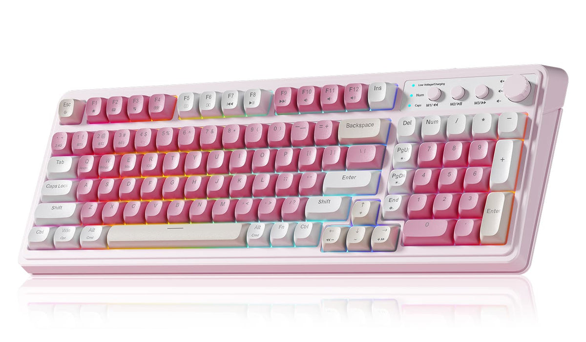 AULA - S99 99-Key Wireless Membrane Gaming Keyboard, RGB, Tri-Mode, Knob, Compact 96%, 2000mAh, Numpad, Programmable, Bluetooth - Pink