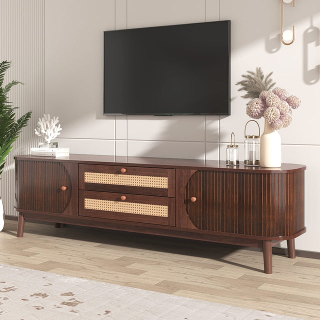 Front. Bestier - Farmhouse TV Stand for TVs up to 75'', Modern Rattan Media Console, Entertainment Center with Cabinet for Living Room - Brown.
