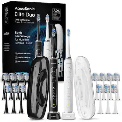 AquaSonic - Elite Duo Rechargeable Electric Toothbrush Set – ADA Accepted, 5 Modes, 2 Travel Cases, 16 Brush Heads