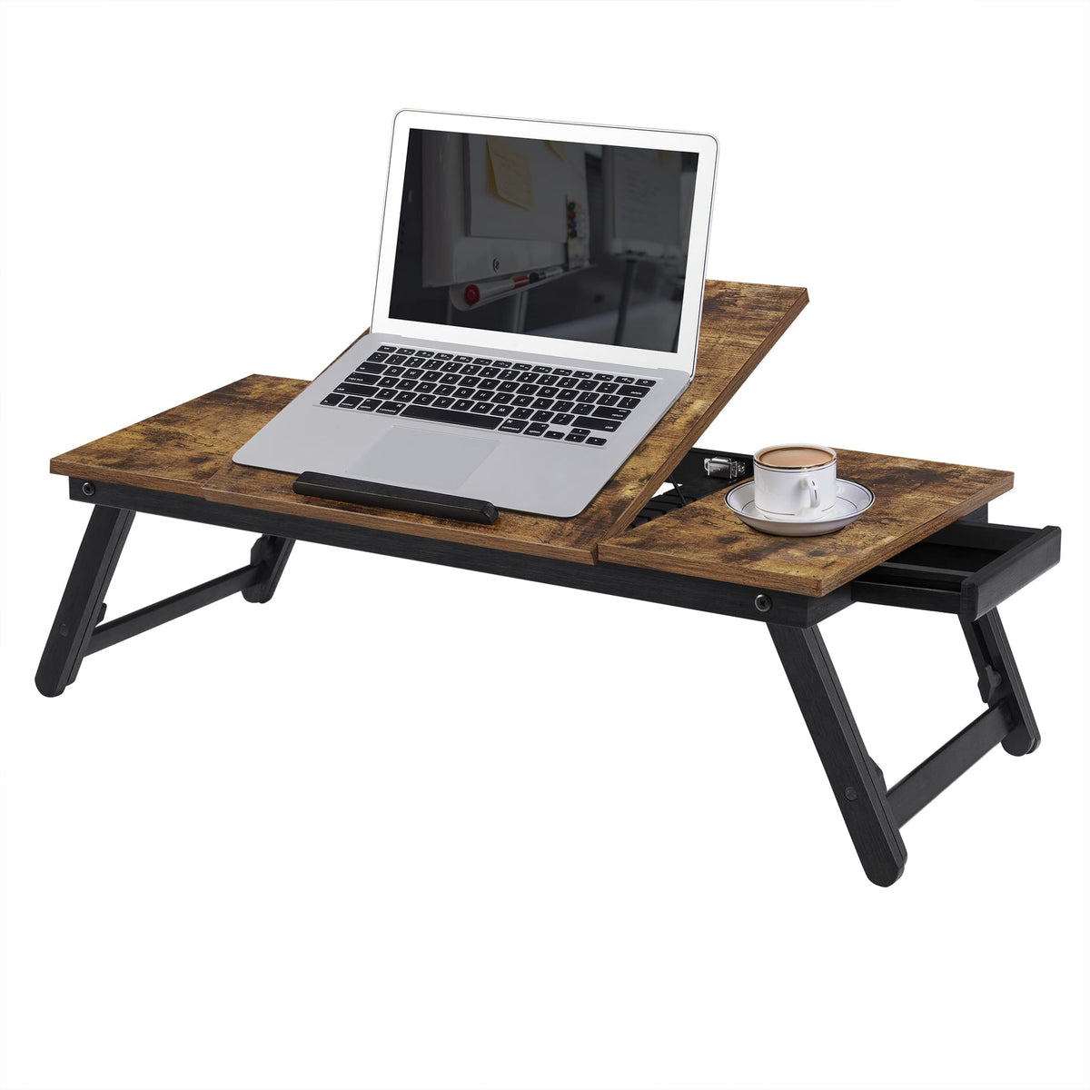 Songmics Home - Laptop Desk, Bed Sofa Breakfast Tray, Adjustable Tilt Top, Right-Left Handed, Adjustable Folding Legs, Drawer - Rustic Dark Brown