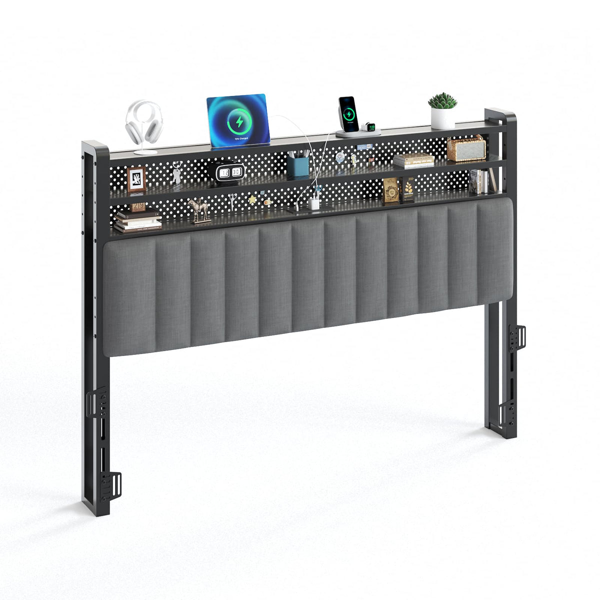 Winado - Queen Size Adjustable Upholstered Headboard Only with 3 Tier Shelves and Pegboard with Charging Stations and LED Lights - Linen & Dark Gray