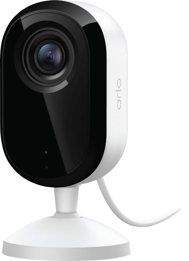 Front. Arlo - Essential Indoor Security Camera 2K (3rd Gen, 2025 Release) - Wired Plug-In Powered, Automated Privacy Shield, 1-Cam - White.