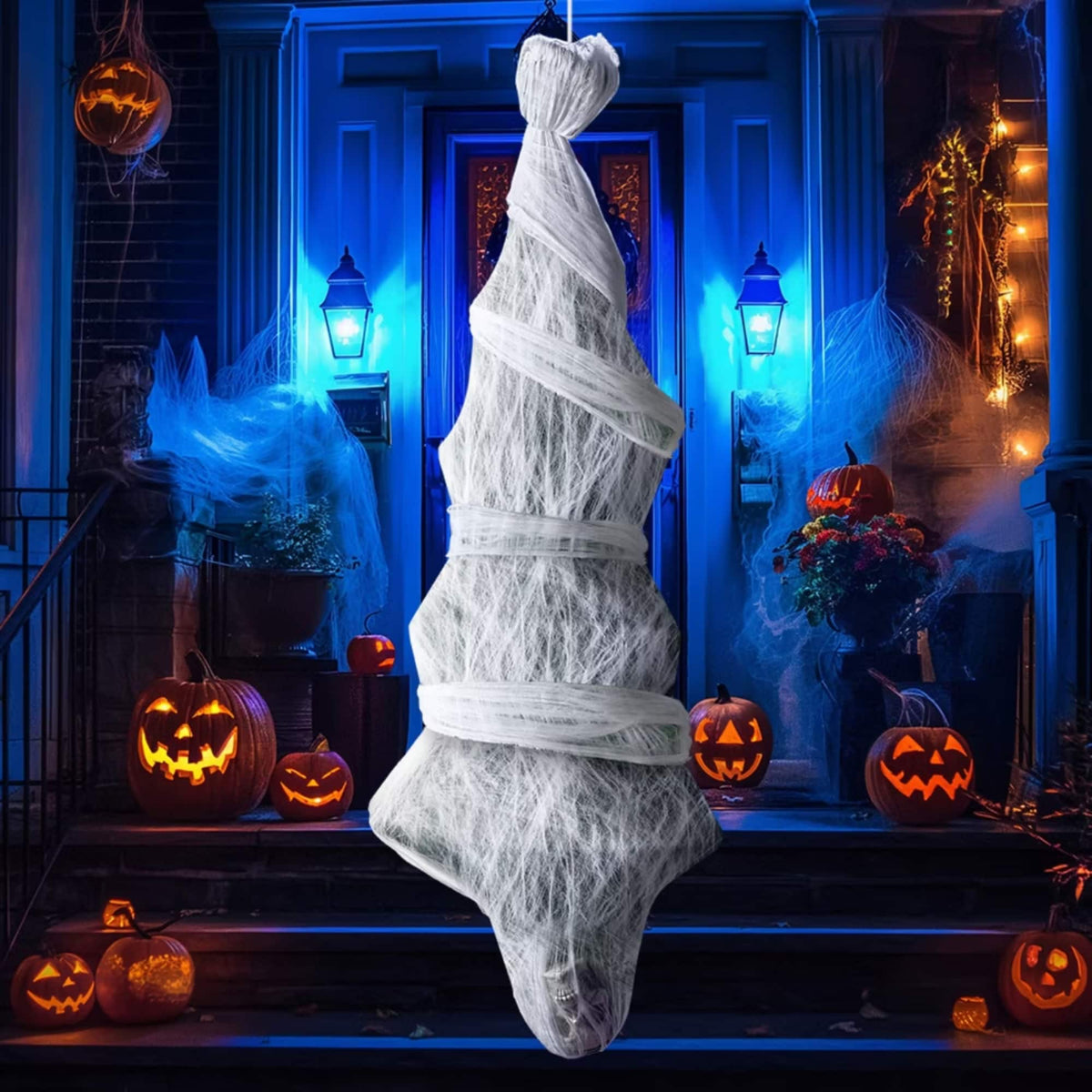 Joyfy - 72" Hanging Cocoon Corpses Props, Halloween Hanging Decorations, Dead Body Prop for Graveyard Halloween Haunted House - White