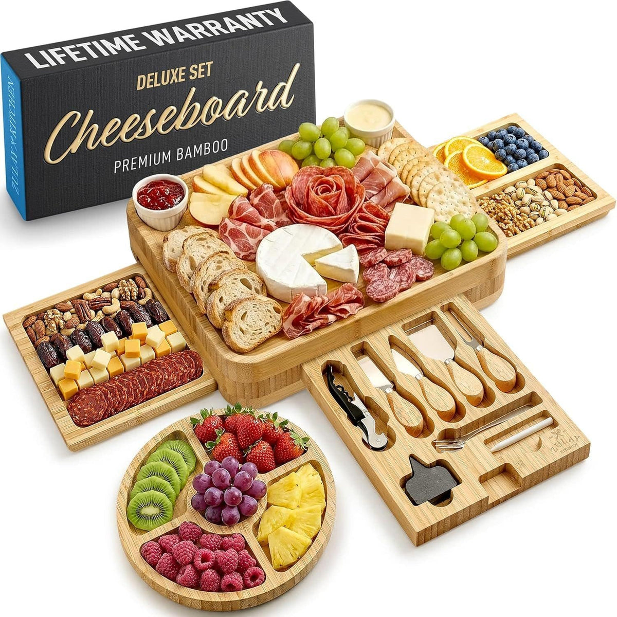 Zulay Kitchen - Premium Bamboo Charcuterie Board Set with 4-Piece Cheese Knife Set - Deluxe Set - Brown