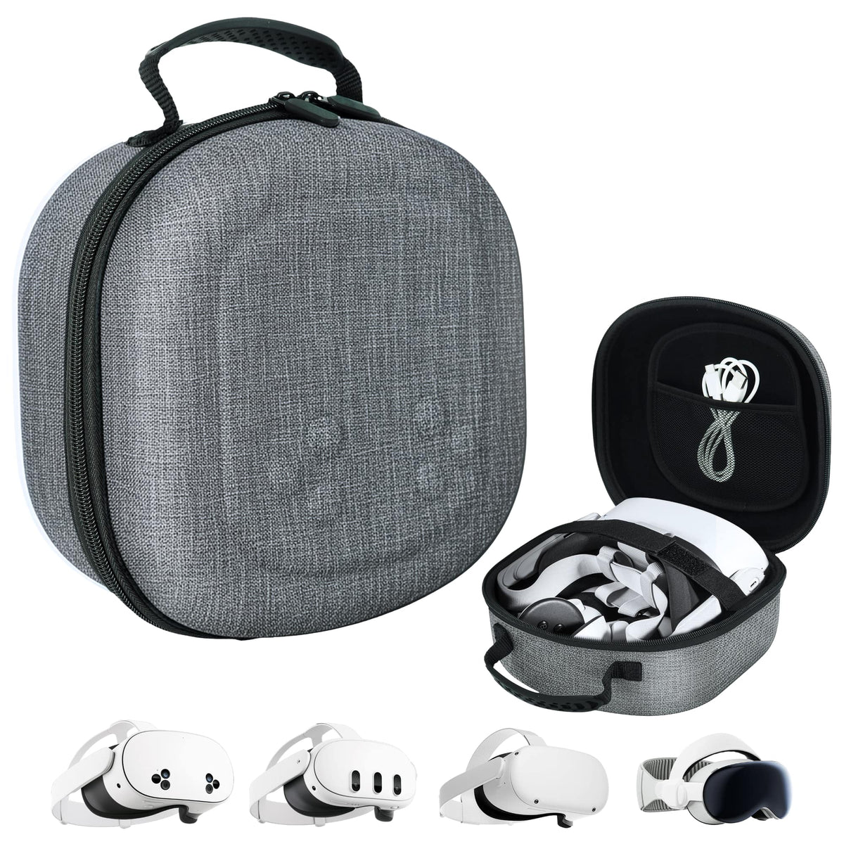 Fosmon - For Meta Quest 3 Case Hard Carrying Case, Square Hard Shell Zipper Case for Quest 3S Quest 2 Apple Vision Pro VR Headset - Gray