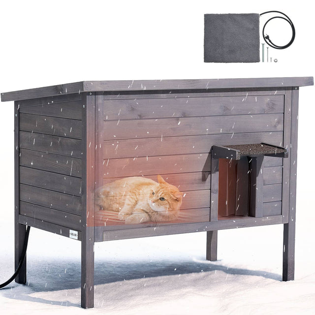 Front. VEVOR - Heated Cat House, Insulated Wooden Cat House for Outdoor Cats, Waterproof Feral Kitty Shelter with Heating Pad.