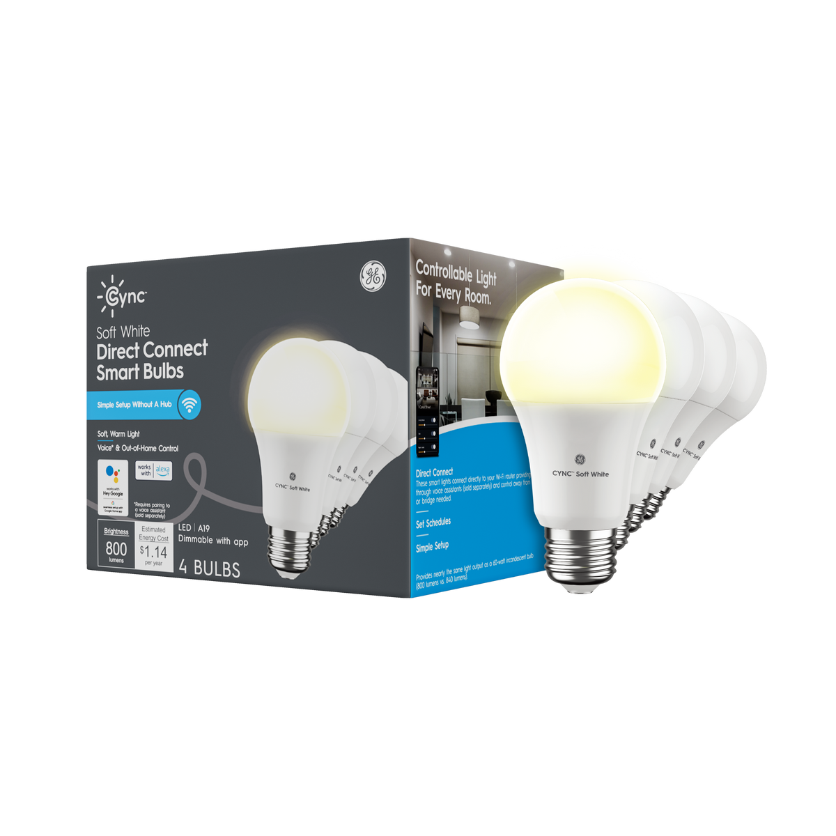 Cync - A19 Smart LED Light Bulbs (4 Pack) - Soft White