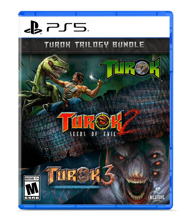 PS5, TUROK TRILOGY BUNDLE, TUROK, TUROK SEEDS OF EVIL, MATURE 17+, TUROK 3 SHADOW OF OELVION, M ESRB, NICHTDIVE STUDIOS