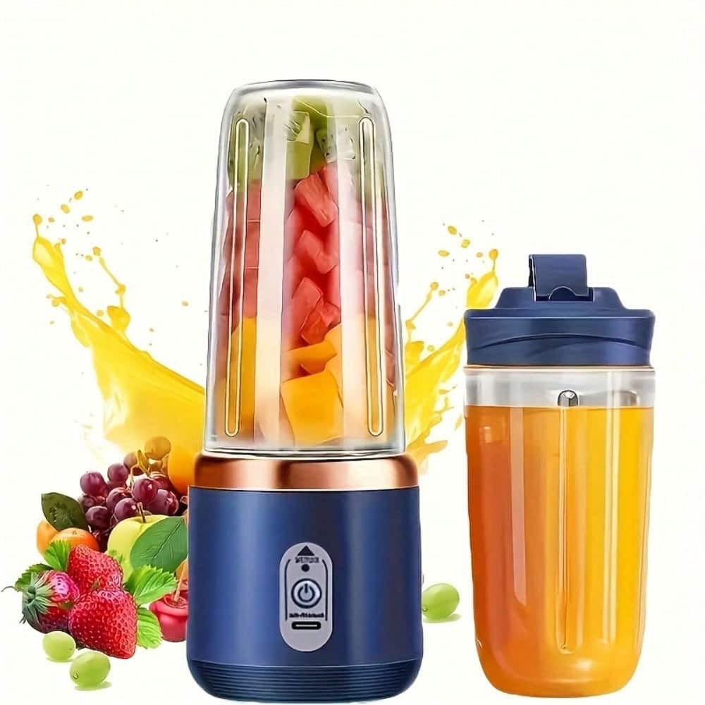 PRIMEPLUS - Portable Blender with 2 Cups, 400ml Personal Smoothie Maker, 6-Leaf 304 Stainless Steel Blade, 1500mAh USB Rechargeable - Blue