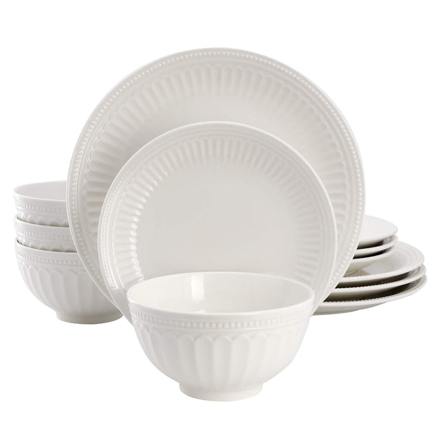 Front. Elama - Elama Gabriella 12 Piece Stoneware Dinnerware Set in White, Service for 4 - White.