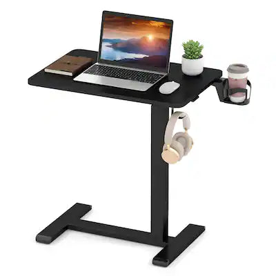 Costway - C Shaped Side Table Height Adjustable Overbed Bedside Table with Hook & Cup Holder