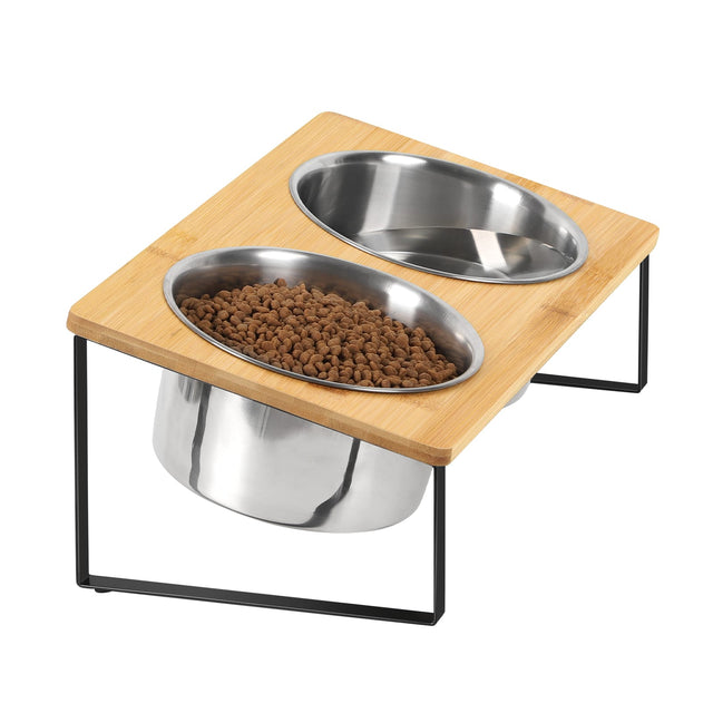 Front. Oumilen - Elevated Bamboo Double Pet Bowls, Raised Stainless Steel Dog Cat Feeder with Anti-Slip Metal Stand - Black.
