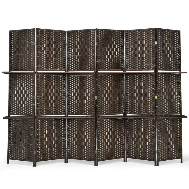 Front. Costway - Costway 6 Panel Folding Room Divider 6Ft Weave Fiber Screen W/ 2 Display Shelves - Brown.
