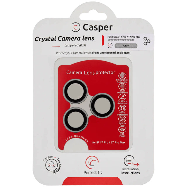 Casper  
Crystal Camera lens  
tempered glass  

Protect your camera lenses from unexpected accidents!  

For iPhone 17 Pro / 17 Pro Max  
camera lens tempered glass  
Gray  

Camera Lens protector  
Fingerprint Reduction  
Dust Prevention  
Scratch Resistant  
Easy Installation  
Bubble Free  
HD Pixel  

Perfect fit  
Installation instructions  

Lens Remover  
for iPhone 17 Pro / 17 Pro Max  

Casper Technology