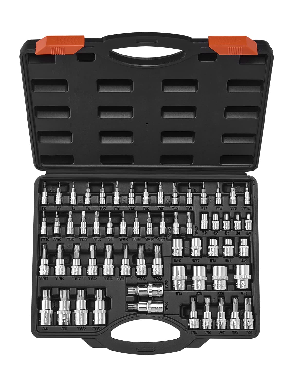 VEVOR - Torx Bit Socket and External Torx Socket Set, 60-Piece T6-T70, TT6-TT70, TP8-TP60, E4-E24, S2 Alloy Steel and Cr-V Steel - Black