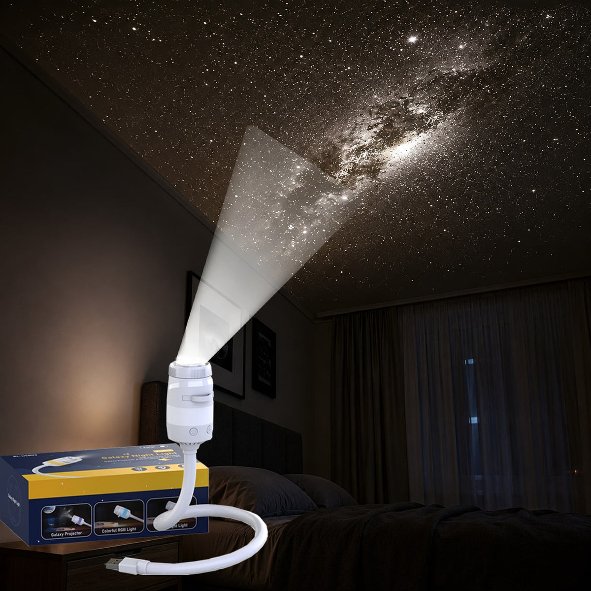 Morfone - Galaxy Star Projector LED Night Light 360° Adjustable with 3 Projection Films - White