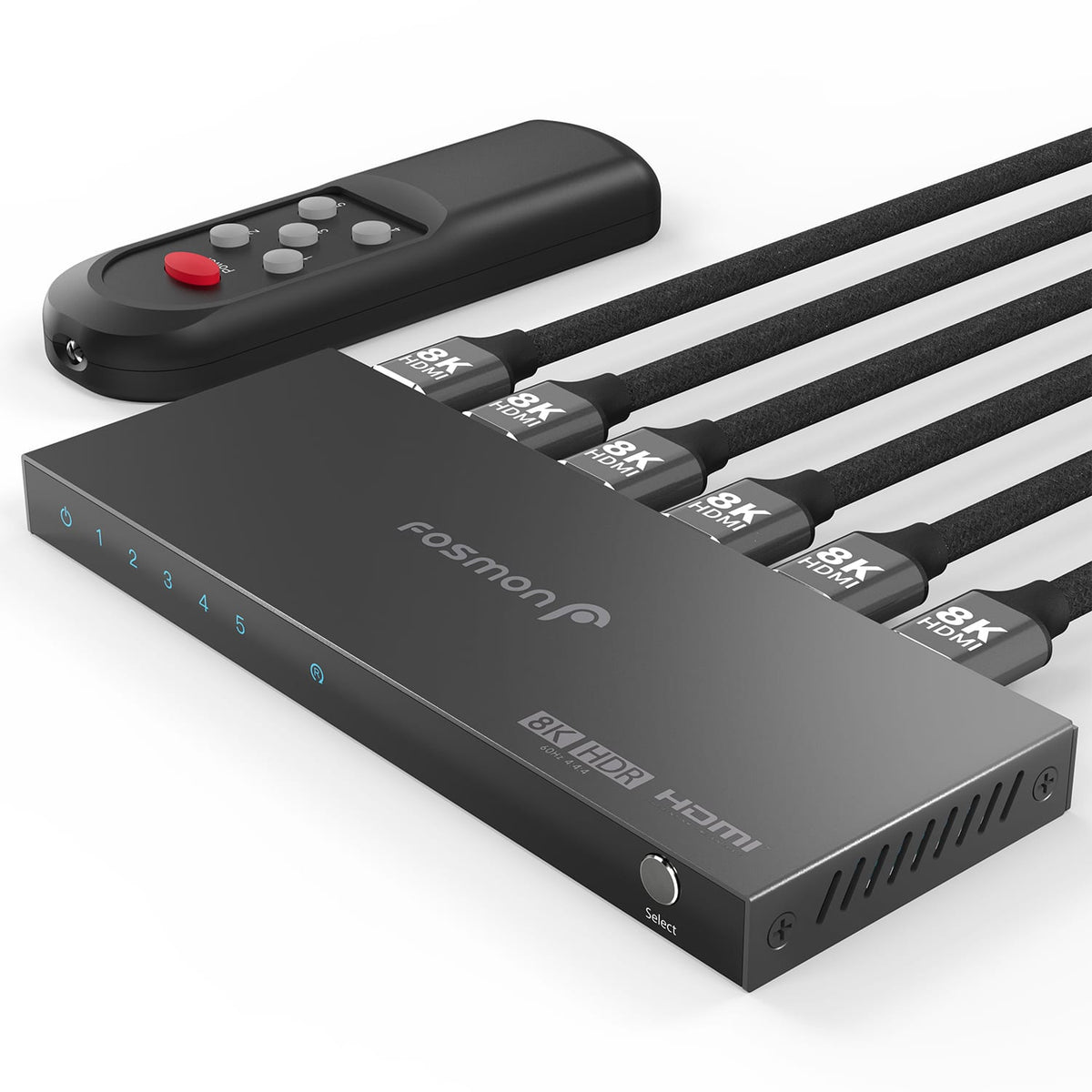 Fosmon - 5-Port 8K HDMI Switch 5 in 1 out, HDMI 2.1 Switch with Remote, 48Gbps HDMI Switcher HDCP 2.3 for PS5 Apple TV - Black