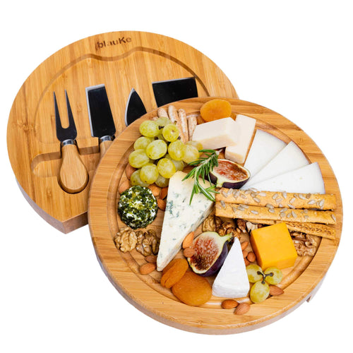 Front. BlauKe - Bamboo Cheese Board and Knife Set - 10-Inch Charcuterie Board with Slide-Out Drawer and Cheese Knives - Perfect Gift - Beige.