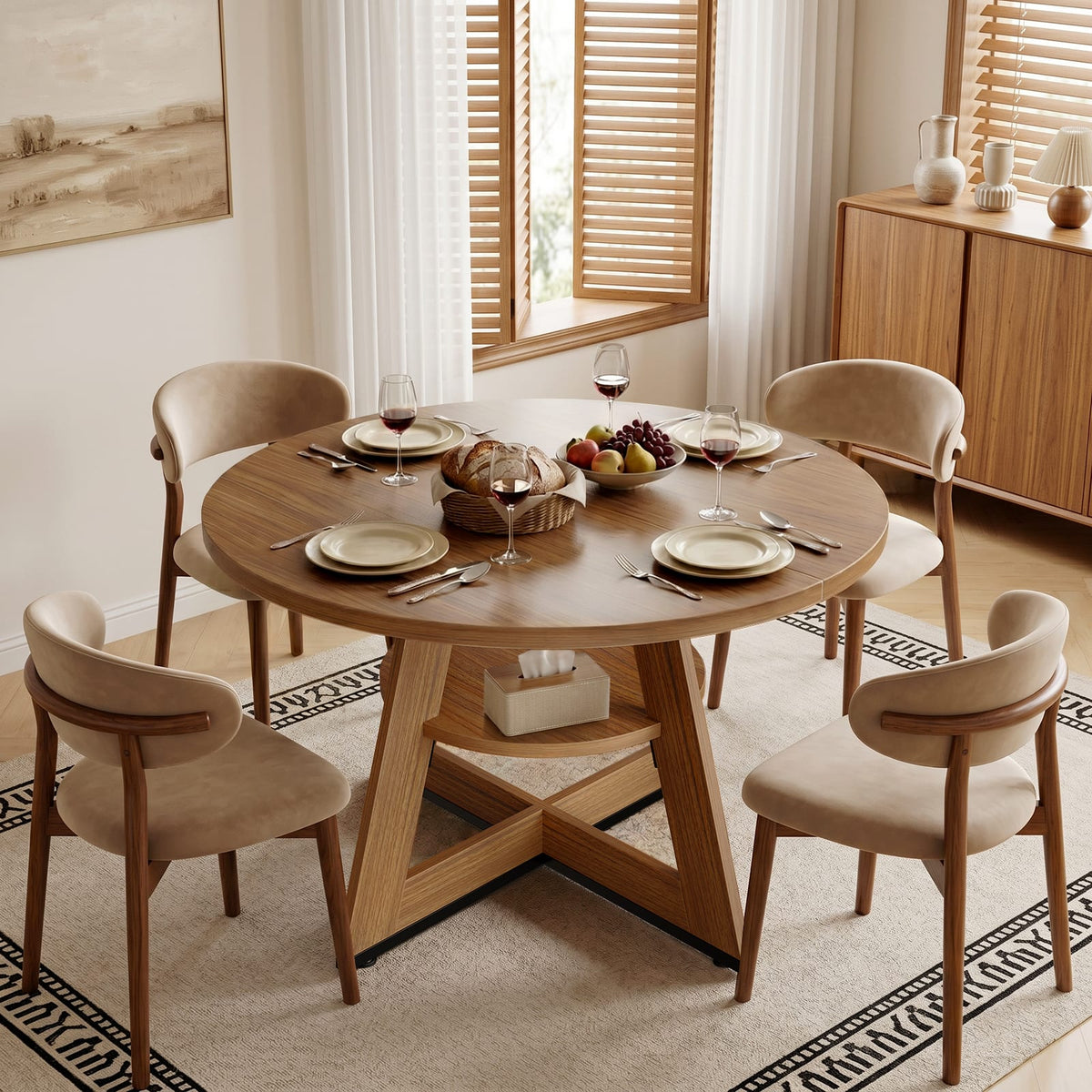 Bestier - Modern Dining Table with Built-in Storage, Stable Triangular Base, Metal-Accented Legs - Brown Oak