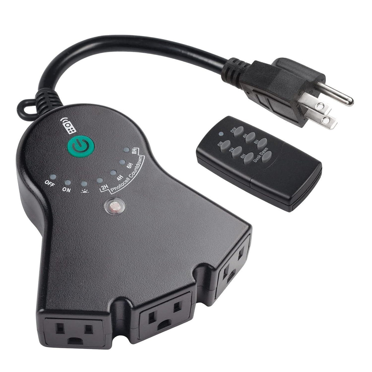 BN-LINK - Dusk-to-Dawn Outdoor Light Sensor Timer, Remote, 3 Outlets, Waterproof, 15A, 100ft Range, ETL - Black