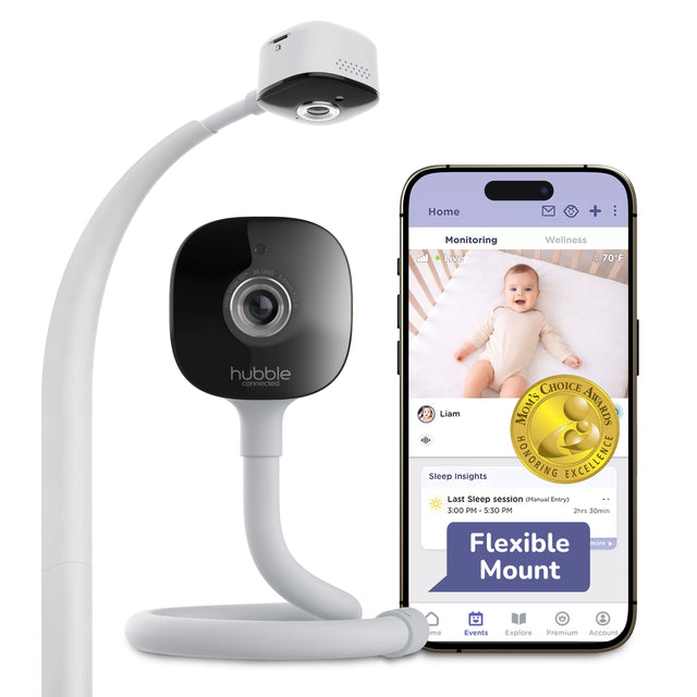 3 Home + 2 UHD  
Monitoring  
Live Wellness  
70°F  
hubble connected  
CHOICE MOM'S AWARDS  
Sleep Insights  
HONORING EXCELLENCE  
Last Sleep session (Manual Entry)  
3:00 PM - 5:30 PM  
2h 30min  
Flexible Mount  
Explore Premium Account