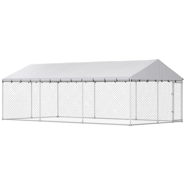 Front. Pawhut - Duty Outdoor Dog Kennel with Waterproof Roof, 2 Secure Latches, Chain Link Dog Run for Backyard - Silver.