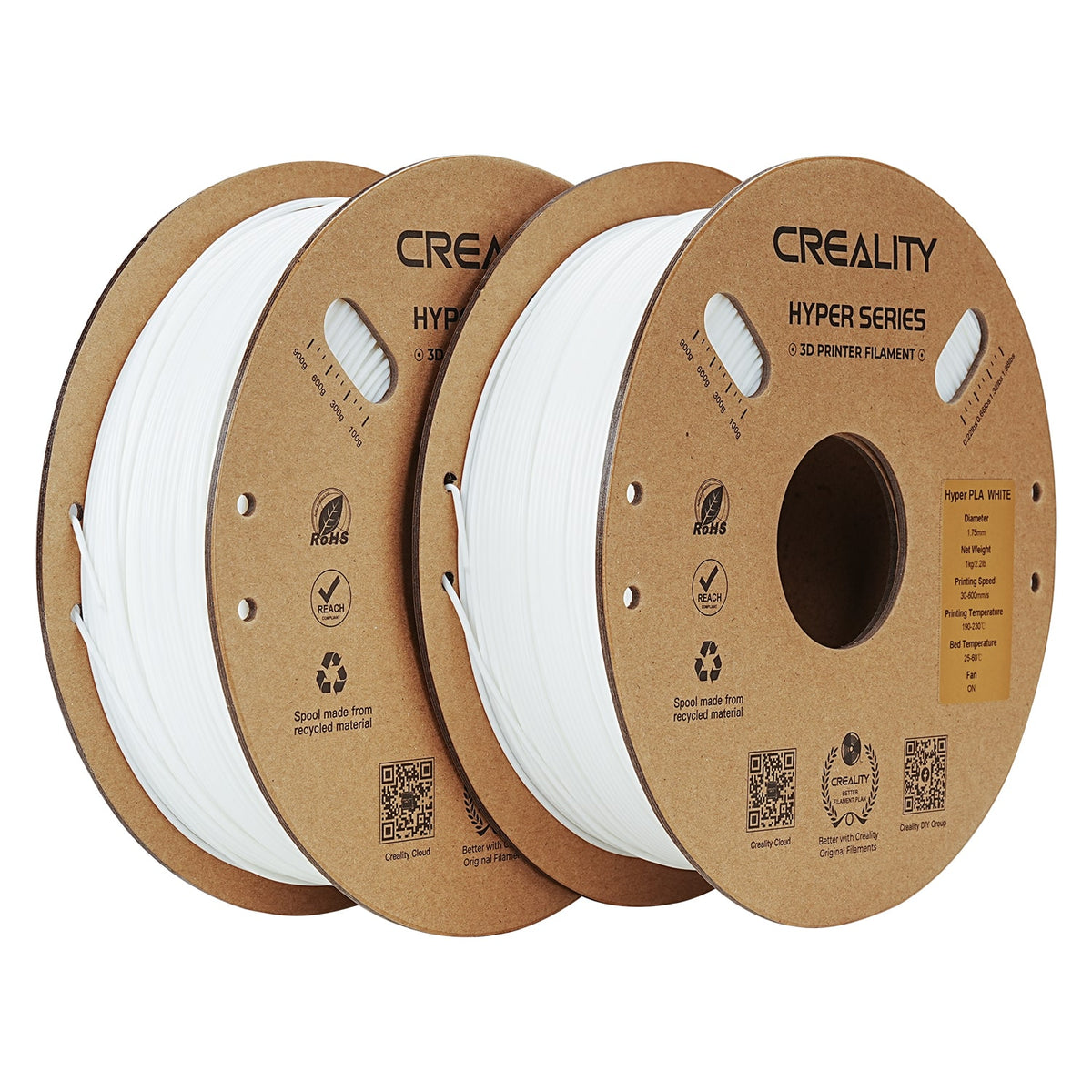 Creality - 1.75 mm Hyper PLA Filament for High-Speed Printing, 2-Pack, 4.4 lbs/2kg - White