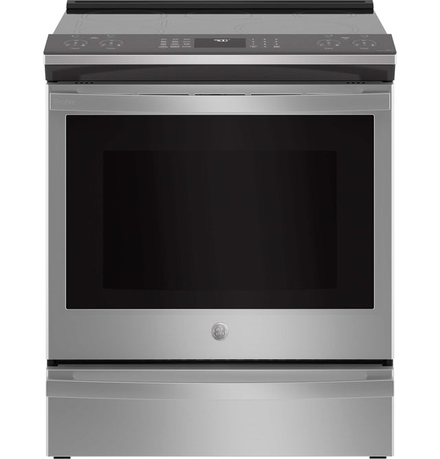 Front. GE Profile - 30 in. Wide 5 Elements 5.3 Cu. Ft. Slide-In Electric Induction Convection Range w/ Self-Clean, Steam Clean and Air Fry - Stainless Steel.