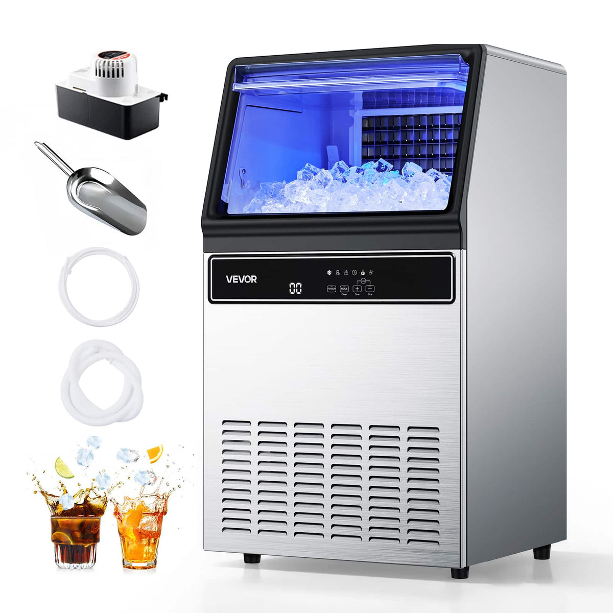VEVOR - Commercial Ice Maker Machine with Pump, 130Lbs/24H with 33Lbs Storage, 45 Cubes per Cycle, Freestanding & Under Counter - Silver