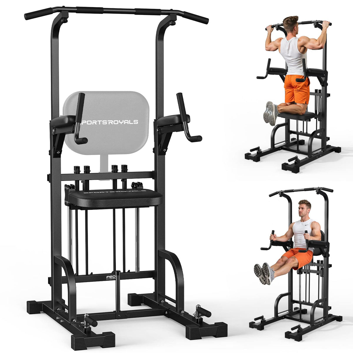 Sportsroyals - PT4 Power Tower Pull Up Bar Station with Assisted Pad, 450LBS Stable Pull Up Dip Station for Home Gym - Black