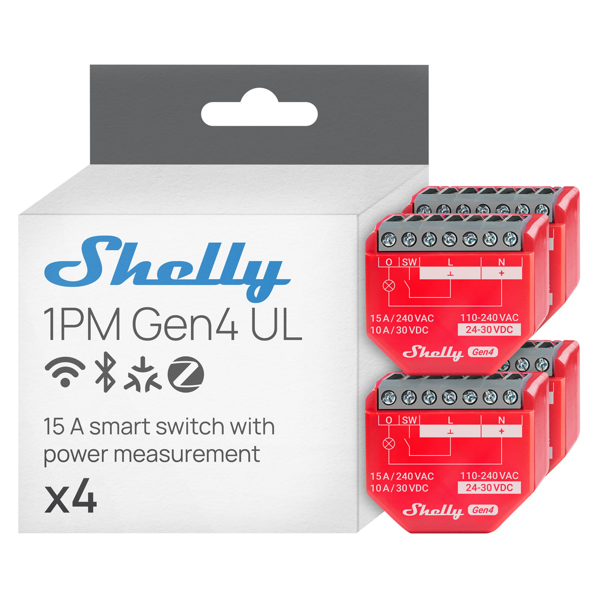 Shelly - 1PM Gen4 UL, Smart 1-channel Relay Switch with Power Metering, Wi-Fi, Matter, Home Automation, No Hub- 4 pack - Red