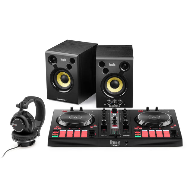 Hercules is a brand that produces audio equipment, such as speakers and headphones. In the image, there are two Hercules speakers and a headset, all placed on a white background. The speakers are black and yellow, and they are accompanied by a headset, which is also black and yellow. The combination of these audio devices suggests that they are designed for use with a computer or other electronic devices.