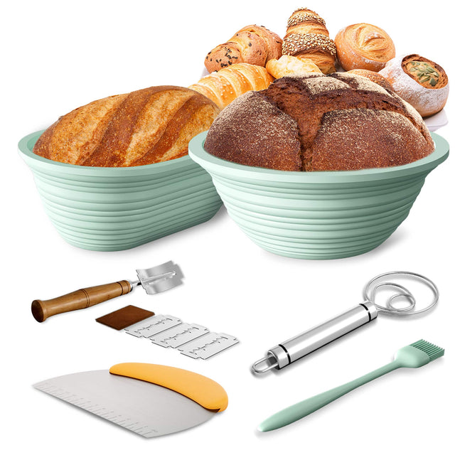 Front. PAIHOME - Silicone Proofing Basket Set for Sourdough Bread Baking - Food-Grade, Foldable, Dishwasher Safe, Heat Resistant to 450℉ - Green.