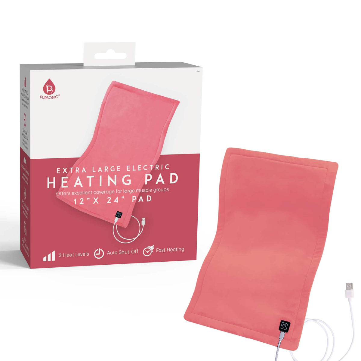 Pursonic - Large Electric Heating Pad with USB-C – 12"x24", Ultra Soft Fabric, 3 Heat Settings, Auto Shut-Off - Multicolor