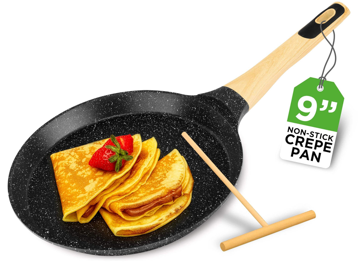 NutriChef - 9.45” Non-Stick Crepe Pan, Marble Coated, Wooden Spreader, Induction Bottom, Marble (NCMKCP0024BK) - Black