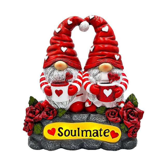 Front. OrnamentallyYou - Soulmate Valentine Gnome Couple LED Figurine, 8" Romantic Room Statue Decoration - Red.