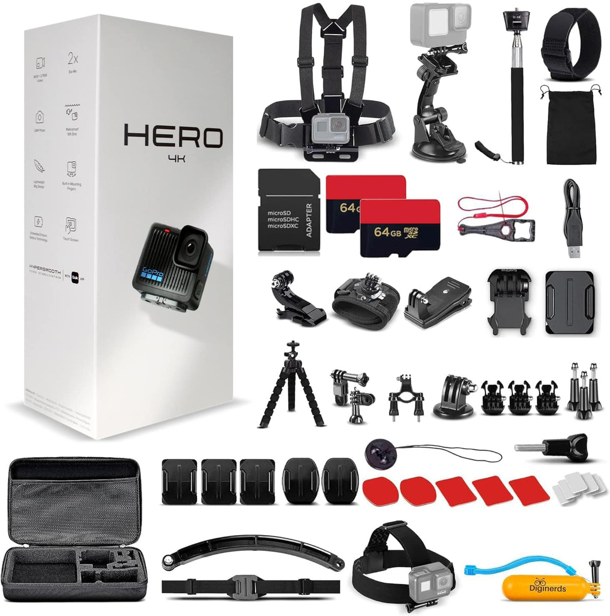 Bundle - GoPro - Go Pro HERO Compact - Waterproof Action Camera 50 In 1 Accessory + 2 X 64GB - Black Advanced
