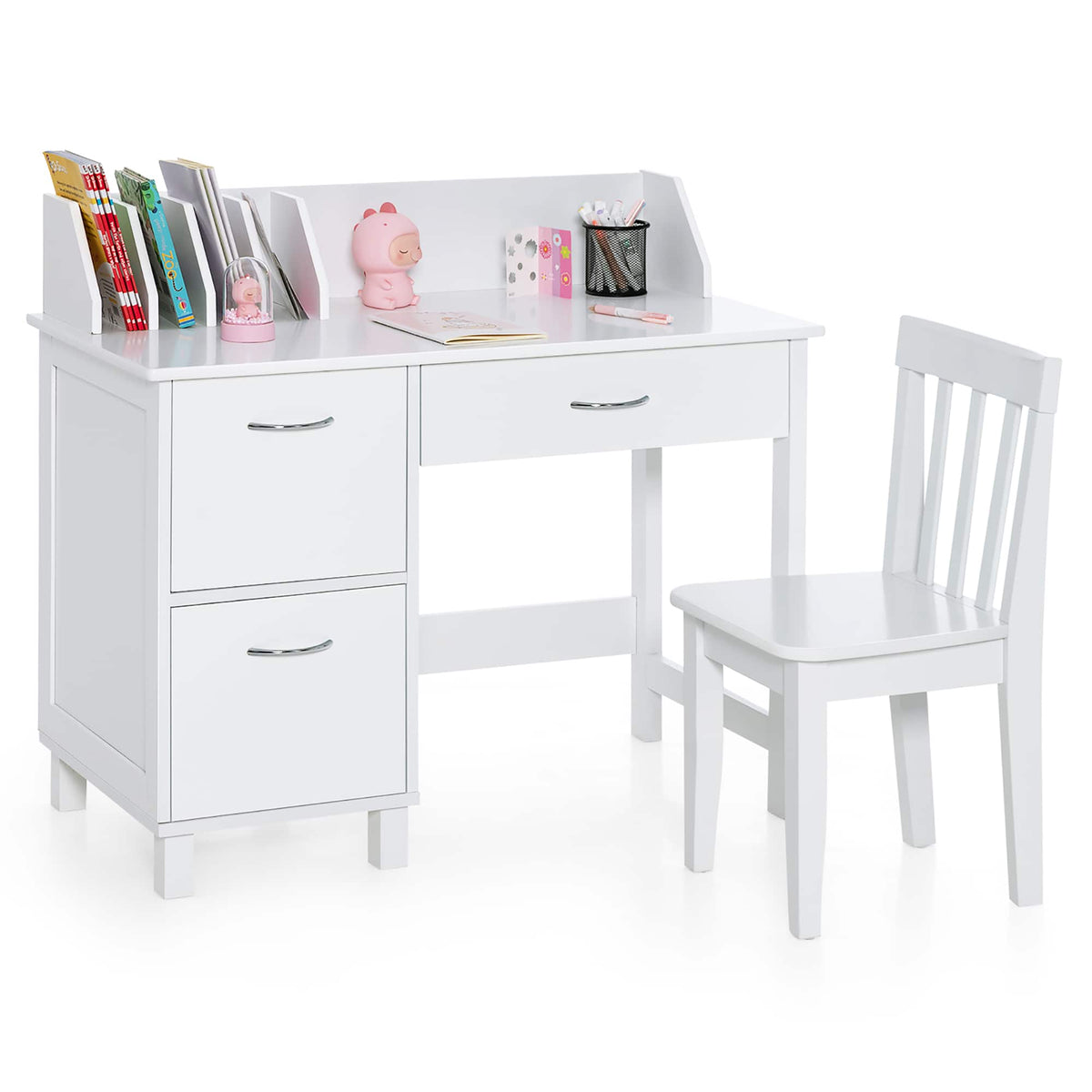 Costway - Kids Wooden Study Desk & Chair Writing Table w/Drawer Storage Cabinet - White
