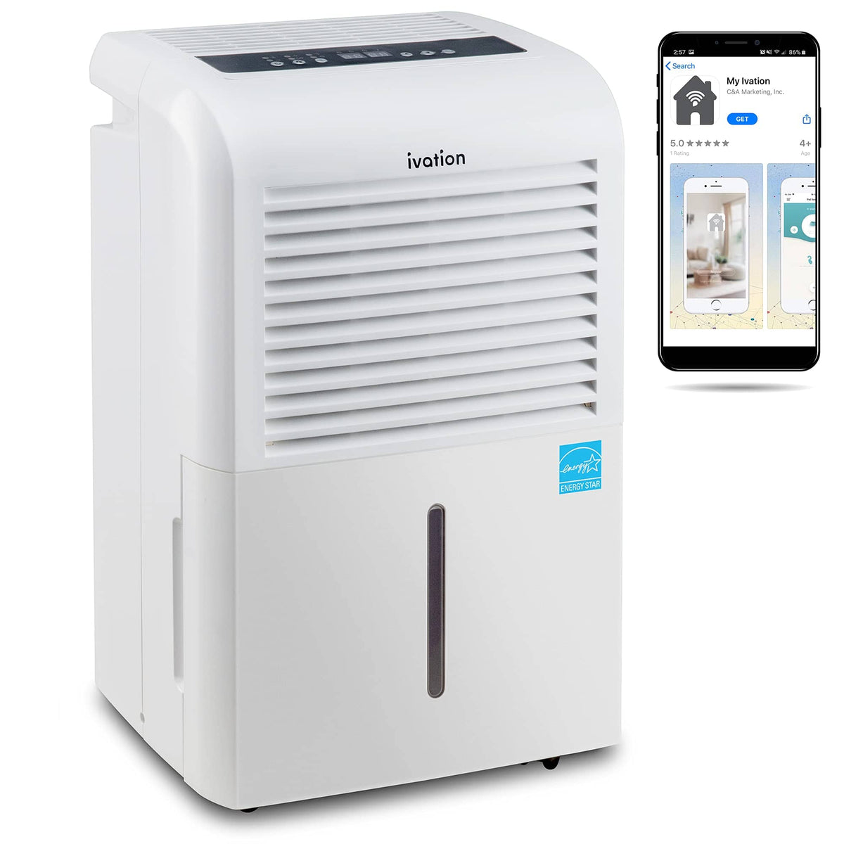 Ivation - 4,500 Sq Ft Smart Wi-Fi Energy Star Dehumidifier, Hose Connector, Humidity Control & More - White