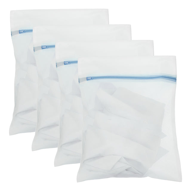 Front. Unique Bargains - 4pcs Mesh Laundry Bags with Zipper Fine Net for Delicates 8x12 Inch for Travel Clothes, Bathroom, Dorm and Bras Socks - Blue.