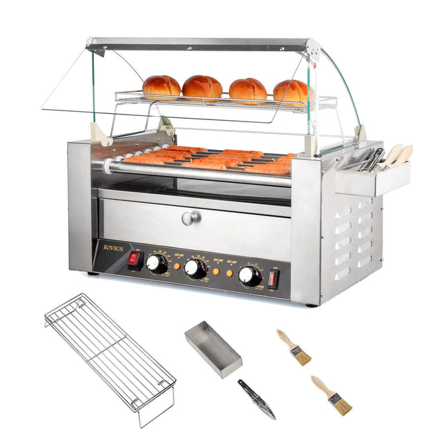 Front. Winado - 18 Hot Dog Grill Machine, Commercial Electric Hot Dog 7 Roller with Bun Warmer, Dual Temp Control, Glass Cover,Drip Tray - Silver.