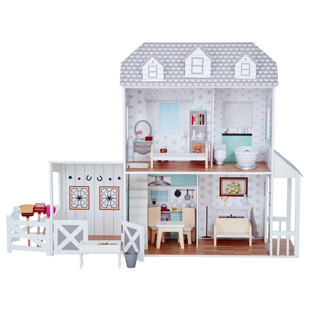 Teamson Kids - 2-Story Farmhouse Dollhouse with Stable