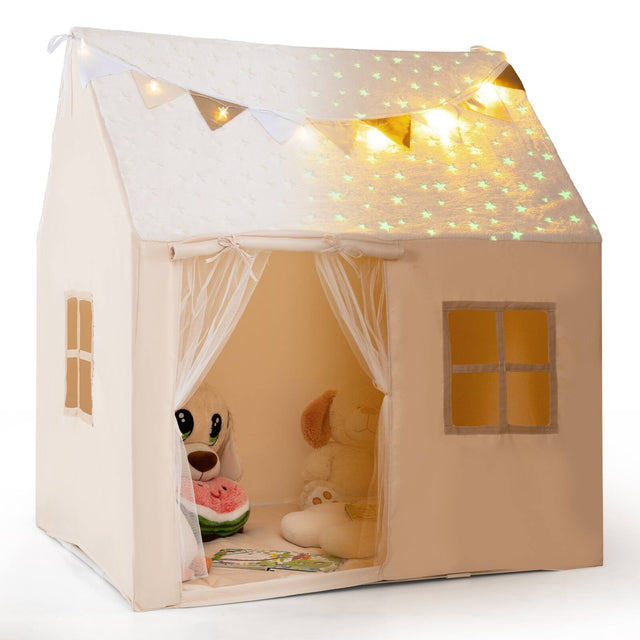 Front. Gymax - Gymax Kids Play Tent w/Padded Mat Light String Glow-in-the-dark Fabric Colorful Flags - Beige.