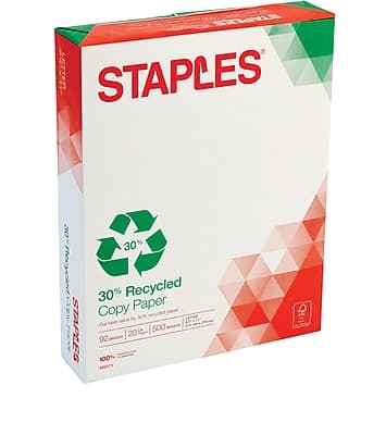 STAPLES  
30% Recycled Copy Paper  
201 Sheets  
500 Sheets  
100% Recycled