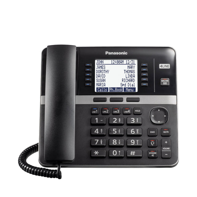 Panasonic

JOHN 12:00AM 12/31  
JAMES MARY  
DOROTHY THOMAS  
DAVID LINDA  
SUSAN RICHARD  
MARIA Spd Dial

Calls Ph. Book Menu

4LINE  
MAIL BOX 33

LINE1 LINE2 LINE3 LINE4 HOLD

1 2 3  
4 5 6  
7 8 9  
* 0 #

DND MUTE  
VOLUME + -  
SP-PHONE