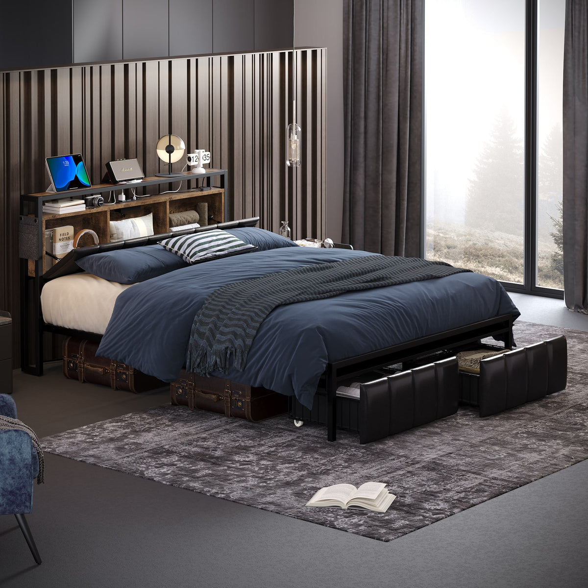 Bestier - Gaming Full Size Bed Frame - Storage Platform Bed with Charging Station, Headboard & LED Lights - Black